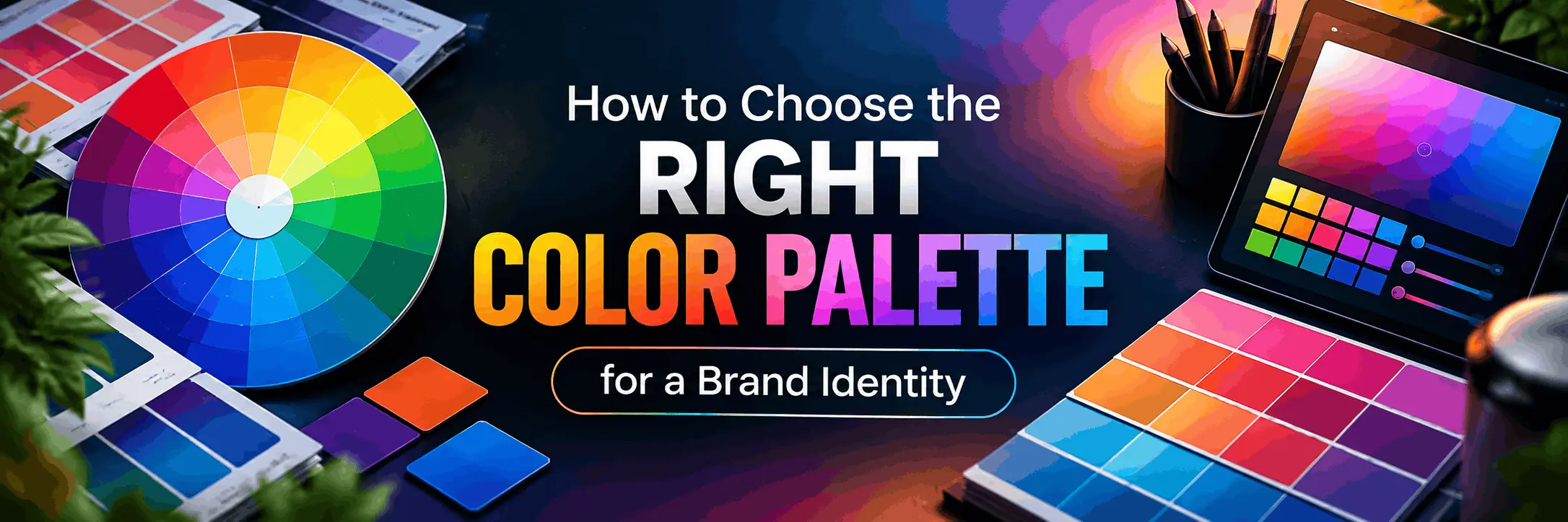 Designer selecting brand color palette swatches on a desk with mood board